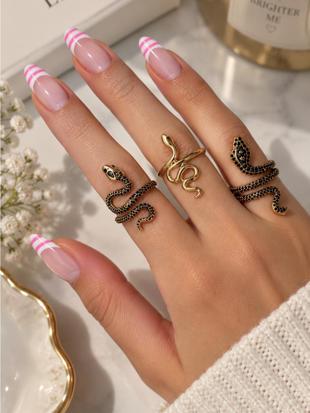 Snake Ring Set of 3 | Gold & Black Serpent Statement Rings Bundle